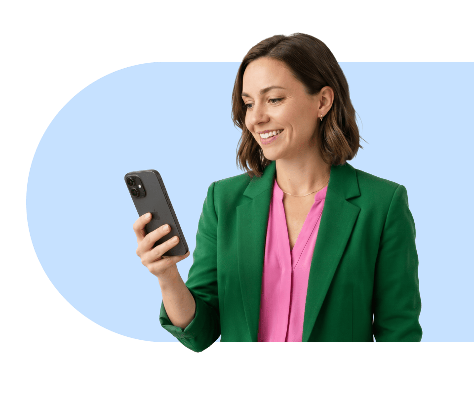 Jennifer van Rinkel glimlacht en telefoneert casually in een switch icoon