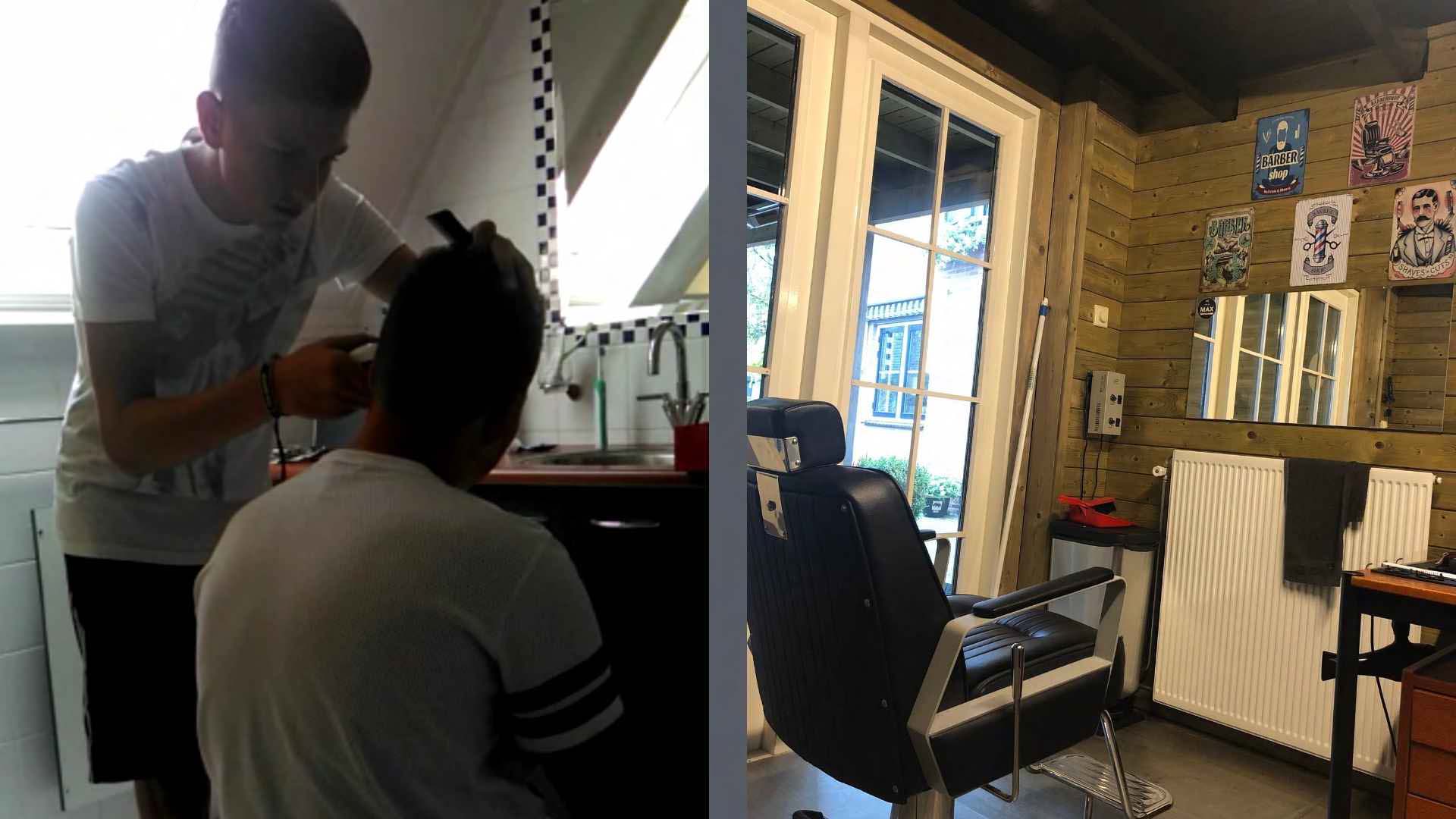 Max aan het knippen in de badkamer en zijn eigen barbershop